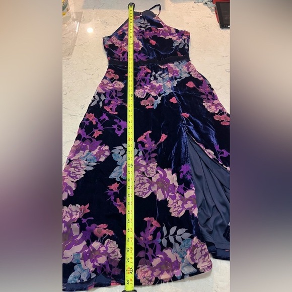 Lulus Velvet Floral Halter Midi Dress Slit Size Medium Navy Purple Pink - Picture 7 of 8